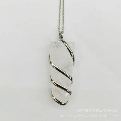 Natural Gemstone Spiral Wrapped Pendant Necklace