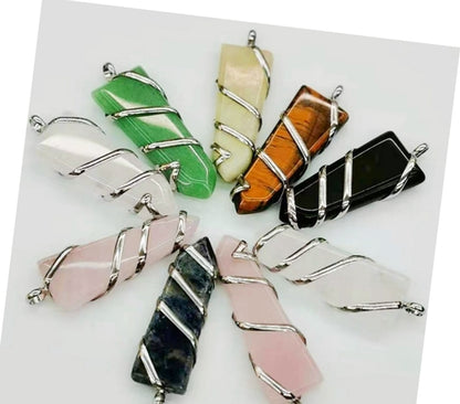 Natural Gemstone Spiral Wrapped Pendant Necklace