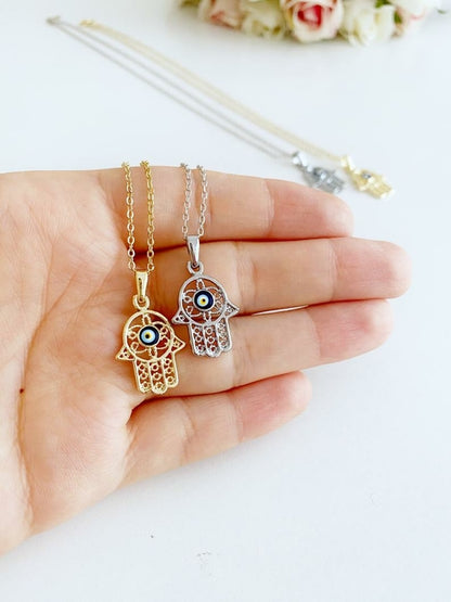 Hamsa Evil Eye Necklace, Gold Silver Hamsa Necklace, Lucky Necklace