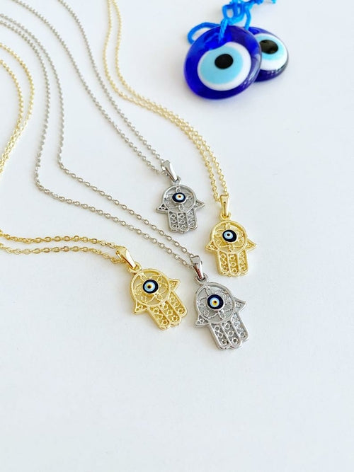 Hamsa Evil Eye Necklace, Gold Silver Hamsa Necklace, Lucky Necklace