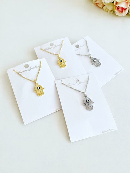 Hamsa Evil Eye Necklace, Gold Silver Hamsa Necklace, Lucky Necklace
